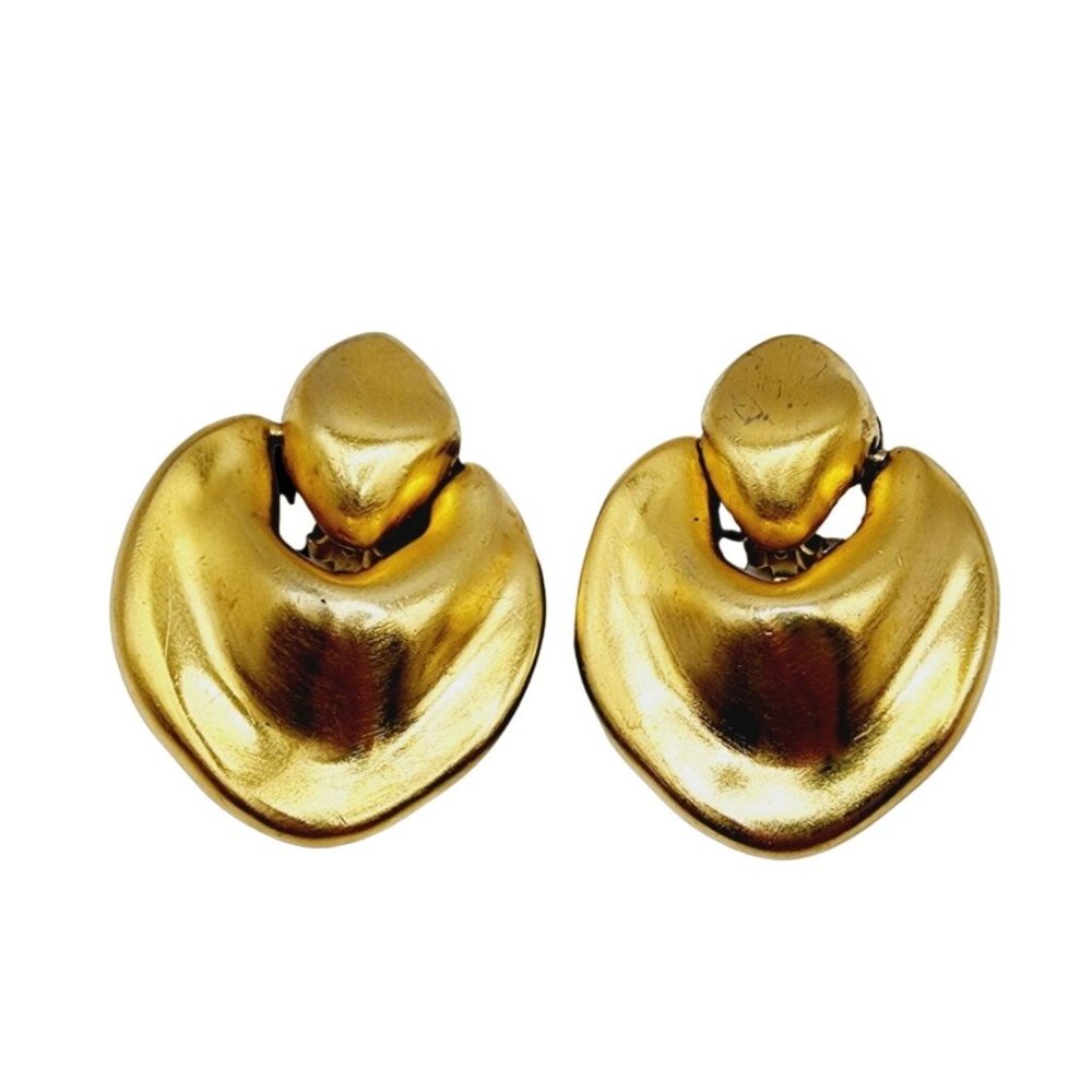Vintage 80s Signed Essex Heavy Matte Gold Abstract Earrings (A1276)